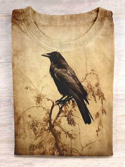 Unisex Vintage Raven Print Casual Round Neck Short Sleeve T-Shirt