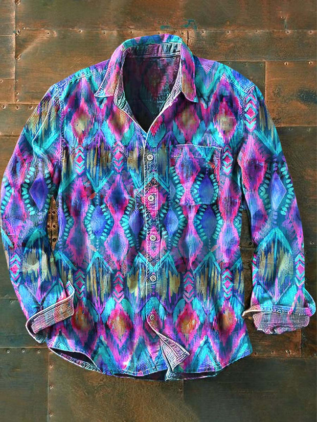 Men's Vintage Western Cowboy Print Casual Long Sleeve Shirt