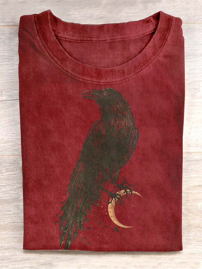 Unisex Vintage Raven Print Casual Round Neck Short Sleeve T-Shirt