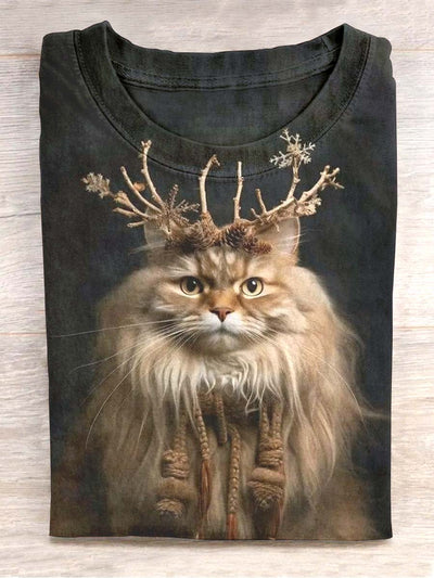 Unisex Christmas Cute Cat Casual Round Neck Short Sleeve T-Shirt