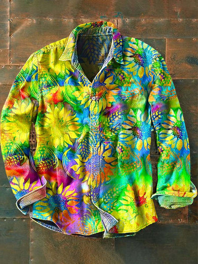 Men's Colorful Sunflower Print Casual Long Sleeve Shirt