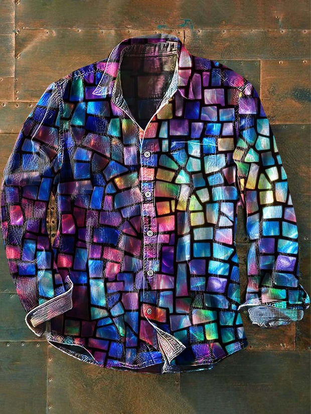 Men's Stained Glass Print Abstract Casual Long Sleeve Shirt