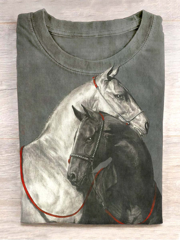 Unisex Vintage Horse Print Casual T-Shirt