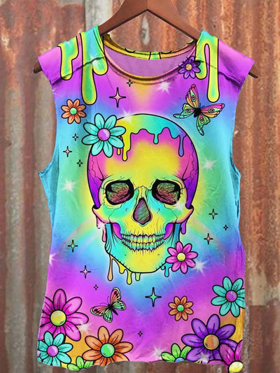 Unisex Colorful Floral Skull Print Casual Tank Top