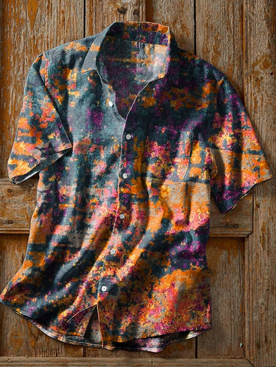 Unisex Vintage Colorful Ink Abstract Art Print Cotton Lapel Pocket Short Sleeve Shirt