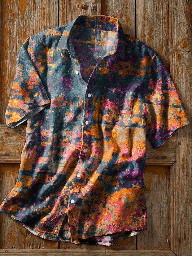 Unisex Vintage Colorful Ink Abstract Art Print Cotton Lapel Pocket Short Sleeve Shirt