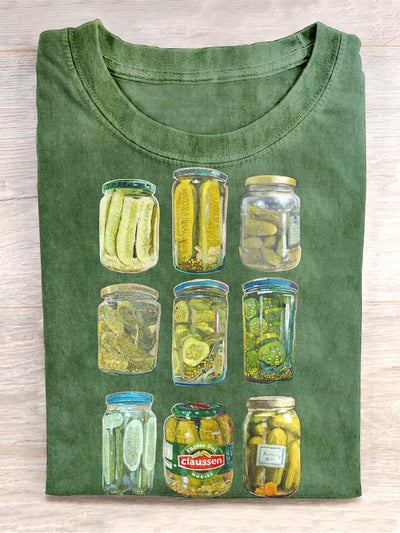 Unisex Retro Pickle Jar Print Casual Short Sleeve T-Shirt