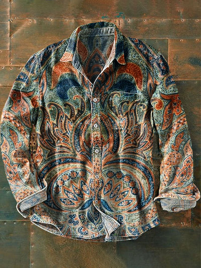 Unisex Vintage Ethnic Gradient Floral Art Print Lapel Long Sleeve Pocket Shirt