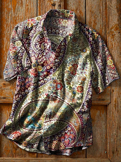 Unisex Vintage Colorful Paisley Floral Art Print Cotton Lapel Pocket Short Sleeve Shirt