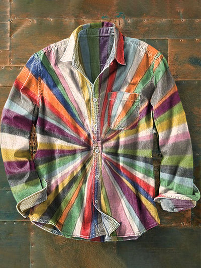 Unisex Rainbow Color Striped Floral Vintage Printed Lapel Long Sleeve Pocket Shirt