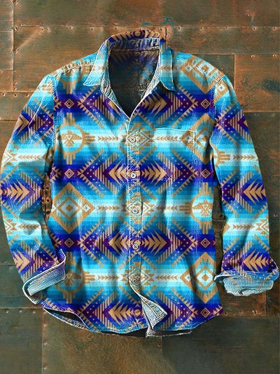 Mens Western Vintage Print Casual Long Sleeve Shirt