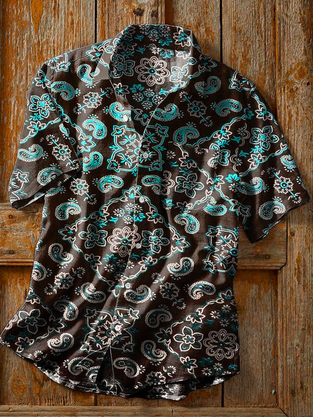 Unisex Vintage Gradient Color Paisley Floral Art Print Cotton Lapel Pocket Short Sleeve Shirt