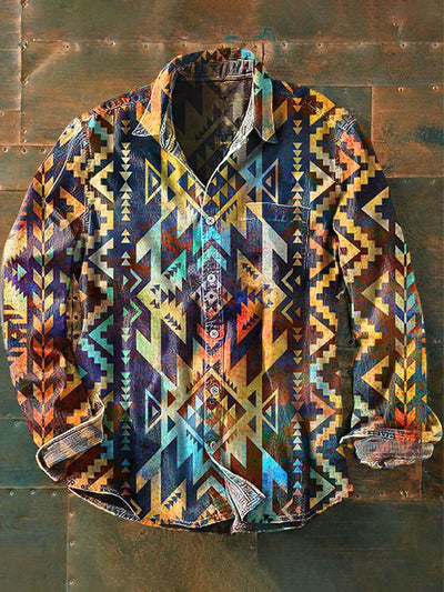 Mens Western Vintage Print Casual Long Sleeve Shirt