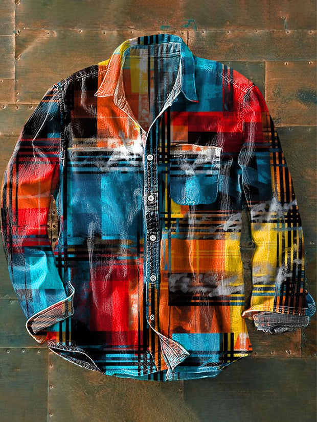 Unisex Multicolor Abstract Line Plaid Vintage Printed Lapel Long Sleeve Pocket Shirt