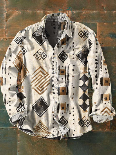 Mens Western Vintage Print Casual Long Sleeve Shirt