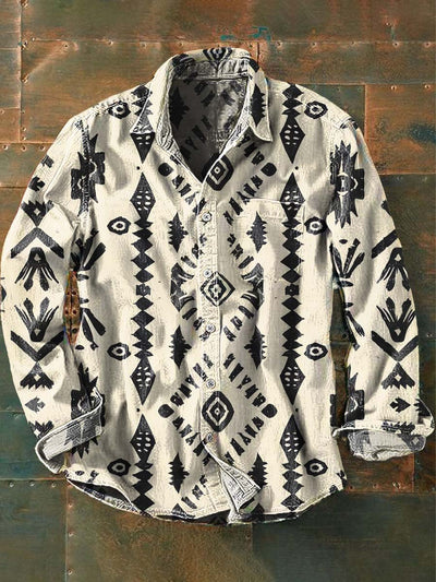 Mens Western Vintage Print Casual Long Sleeve Shirt