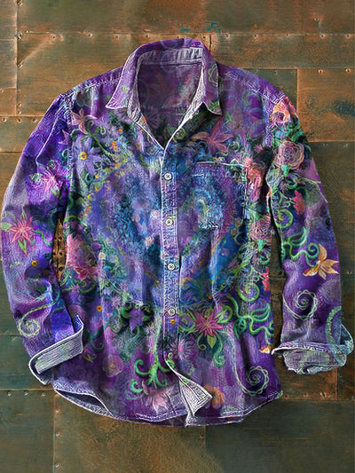 Unisex Purple Love Vineman Art Printed Lapel Long Sleeve Pocket Shirt