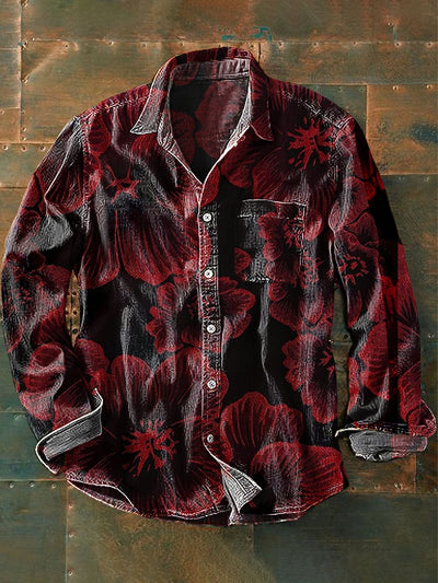 Unisex Vintage Dark Red Floral Art Print Lapel Long Sleeve Pocket Shirt