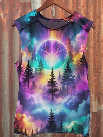 Unisex Colorful Misty Forest Print Casual Tank Top