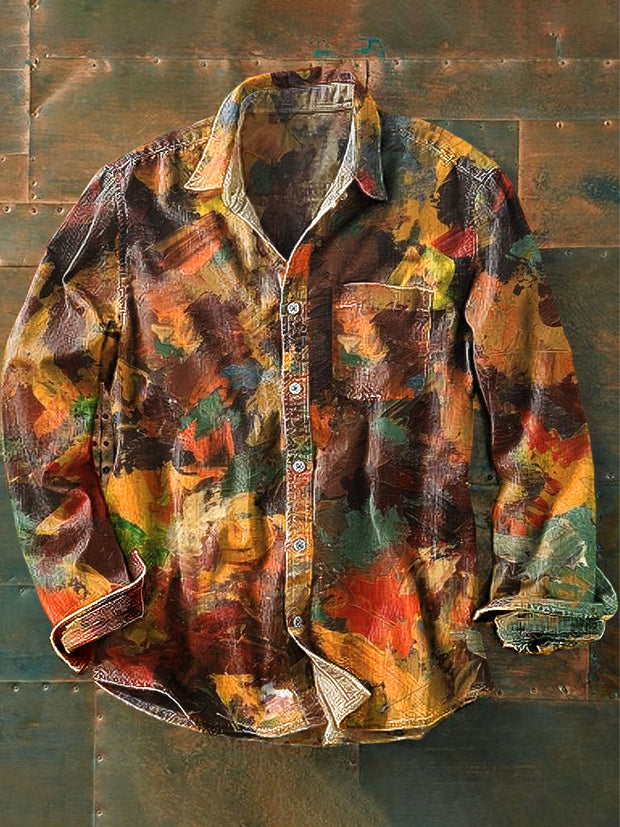 Unisex Vintage Multicolor Oil Painting Art Print Lapel Long Sleeve Pocket Shirt