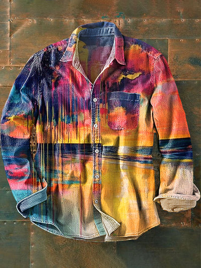 Unisex Vintage Colorful Seaside Sunset Art Print Cotton Lapel Pocket Long Sleeve Shirt