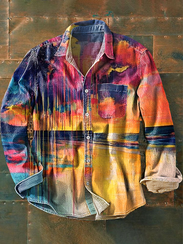 Unisex Vintage Colorful Seaside Sunset Art Print Cotton Lapel Pocket Long Sleeve Shirt