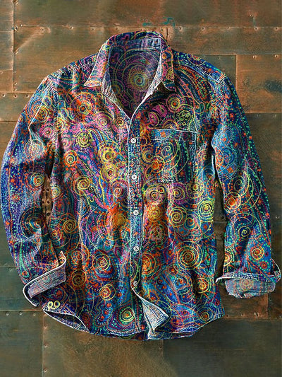 Unisex Vintage Multicolor Abstract Line Art Printed Lapel Long Sleeve Pocket Shirt