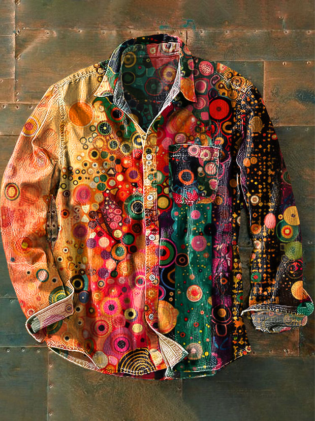 Unisex Vintage Rainbow Color Dot Art Print Cotton Lapel Pocket Long Sleeve Shirt