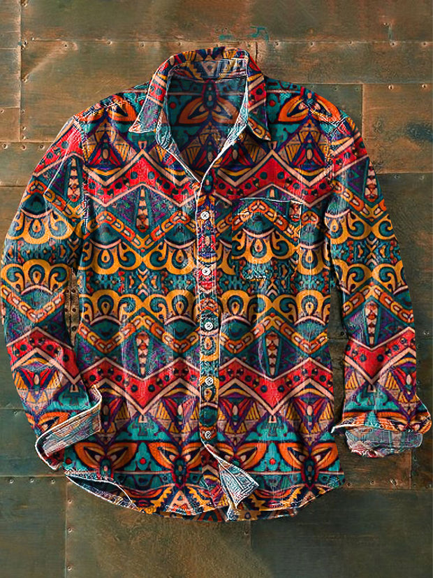 Unisex Vintage Multicolor Ethnic Pattern Art Printed Lapel Long Sleeve Pocket Shirt