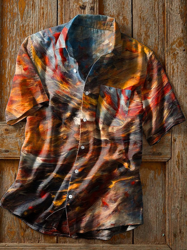 Unisex Vintage Abstract Colorful Art Print Cotton Lapel Pocket Short Sleeve Shirt