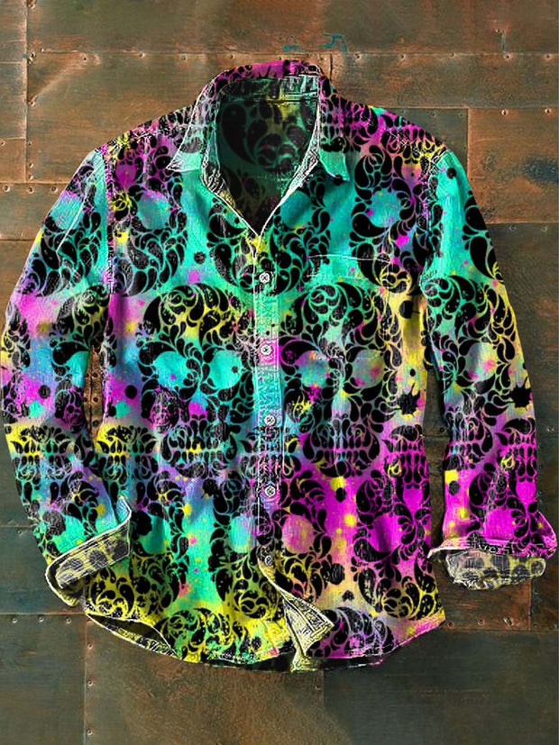 Men's Colorful Skull Print Casual Long Sleeve Shirt