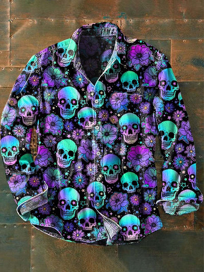 Men's Colorful Skull Print Casual Long Sleeve Shirt