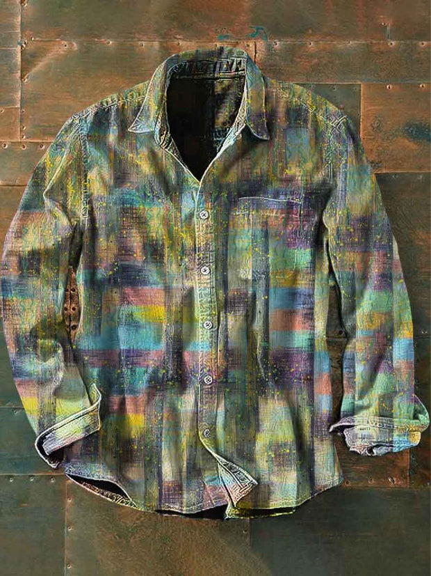 Unisex Men's Vintage Yellow Plaid Multicolor Abstract Print Casual Long Sleeve Shirt