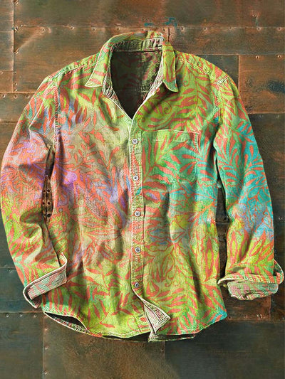 Men's Colorful Leaf Print Casual Long Sleeve Shirt