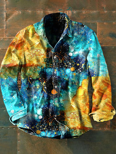 Unisex Men's Vintage Colorful Blue Yellow Abstract Print Casual Long Sleeve Shirt