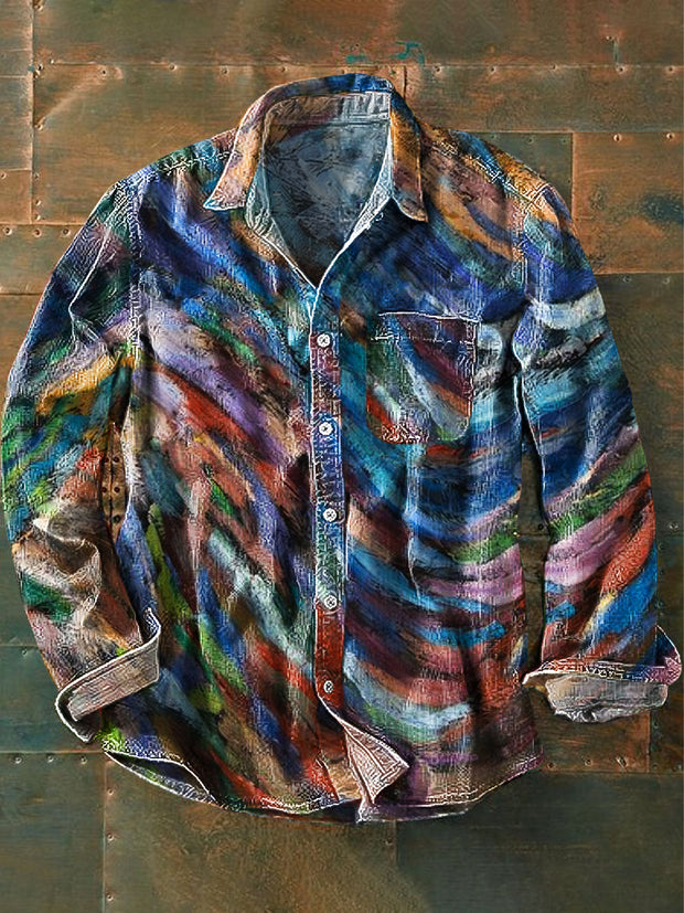 Unisex Vintage Colorful Abstract Wave Art Print Cotton Lapel Long Sleeve Pocket Shirt