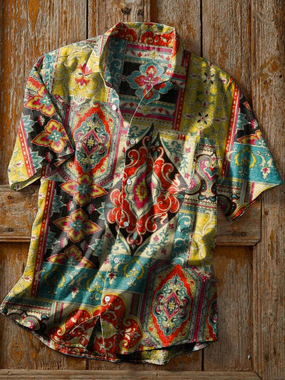 Unisex Vintage Ethnic Geometric Floral Art Print Cotton Lapel Short Sleeve Pocket Shirt