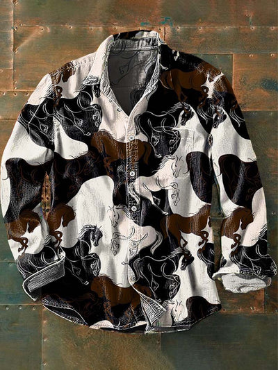 Men's Western Abstract Horse Print Casual Long Sleeve Shirt