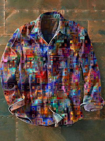 Men's Colorful Abstract Art Print Casual Long Sleeve Shirt