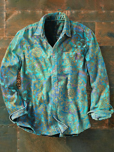 Unisex Men's Vintage Green Gradient Mandala Abstract Print Casual Long Sleeve Shirt