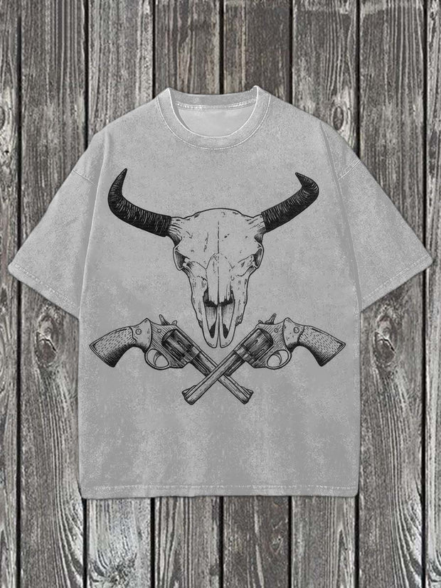 Western Bulldog Pistol Print Casual Cotton Short Sleeve T-Shirt