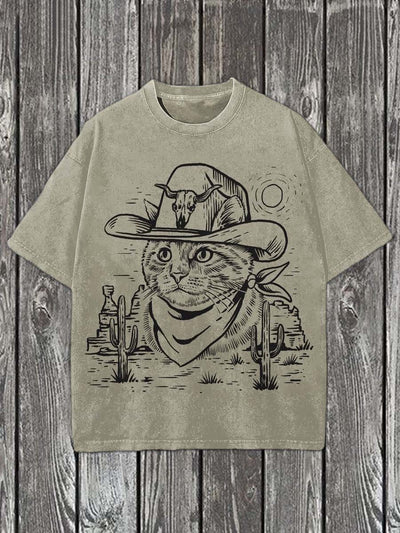 Cat Western Cowboy Print Casual Cotton Short Sleeve T-Shirt