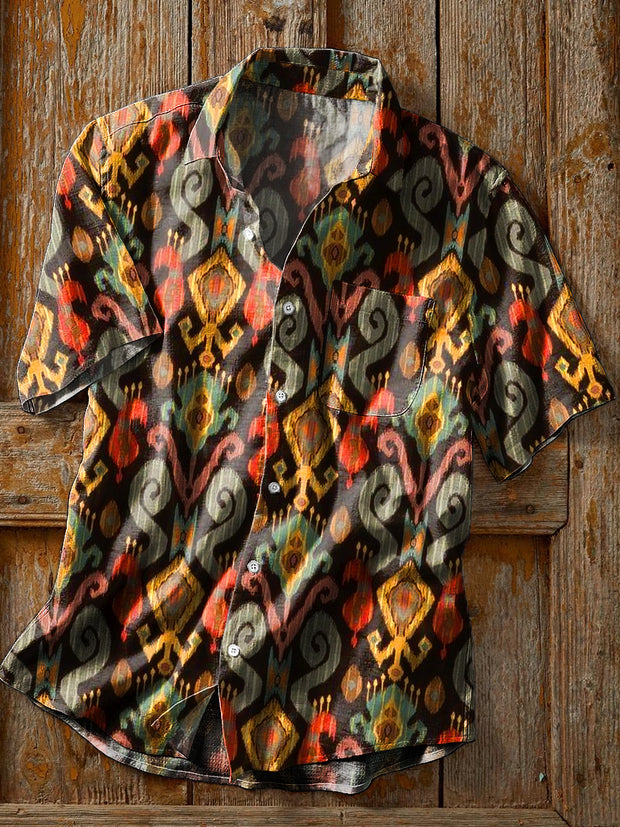 Unisex Vintage Ethnic Colorful Geometric Art Print Cotton Lapel Short Sleeve Pocket Shirt