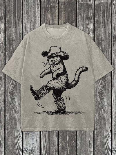Cat Western Cowboy Print Casual Cotton Short Sleeve T-Shirt