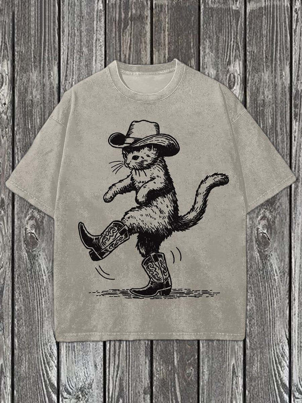 Cat Western Cowboy Print Casual Cotton Short Sleeve T-Shirt