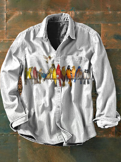 Men's  Vintage Cute Bird Zoo Print Casual Long Sleeve Shirt
