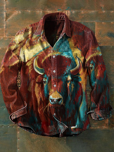 Men's  Vintage Western Rusty Buffalo Print Casual Long Sleeve Shirt