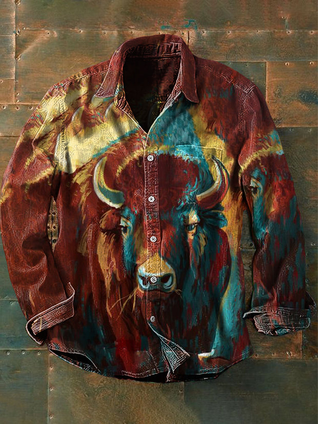 Men's  Vintage Western Rusty Buffalo Print Casual Long Sleeve Shirt