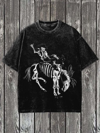 Skull Western Cowboy Print Casual Cotton T-Shirt