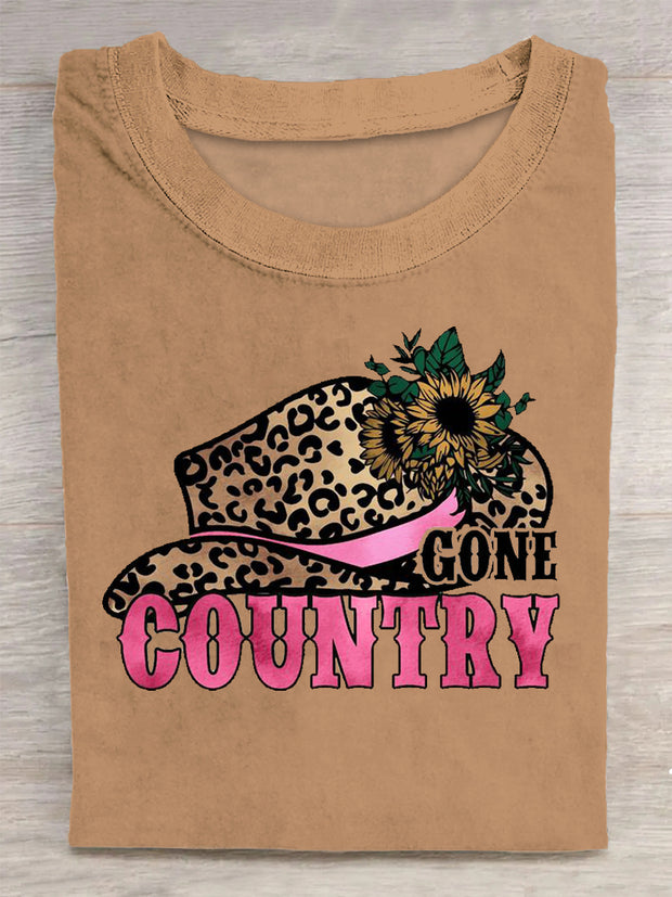 Cowgirl Leopard Print Hat Printed Vintage Fashion Loose Short Sleeve T-Shirt